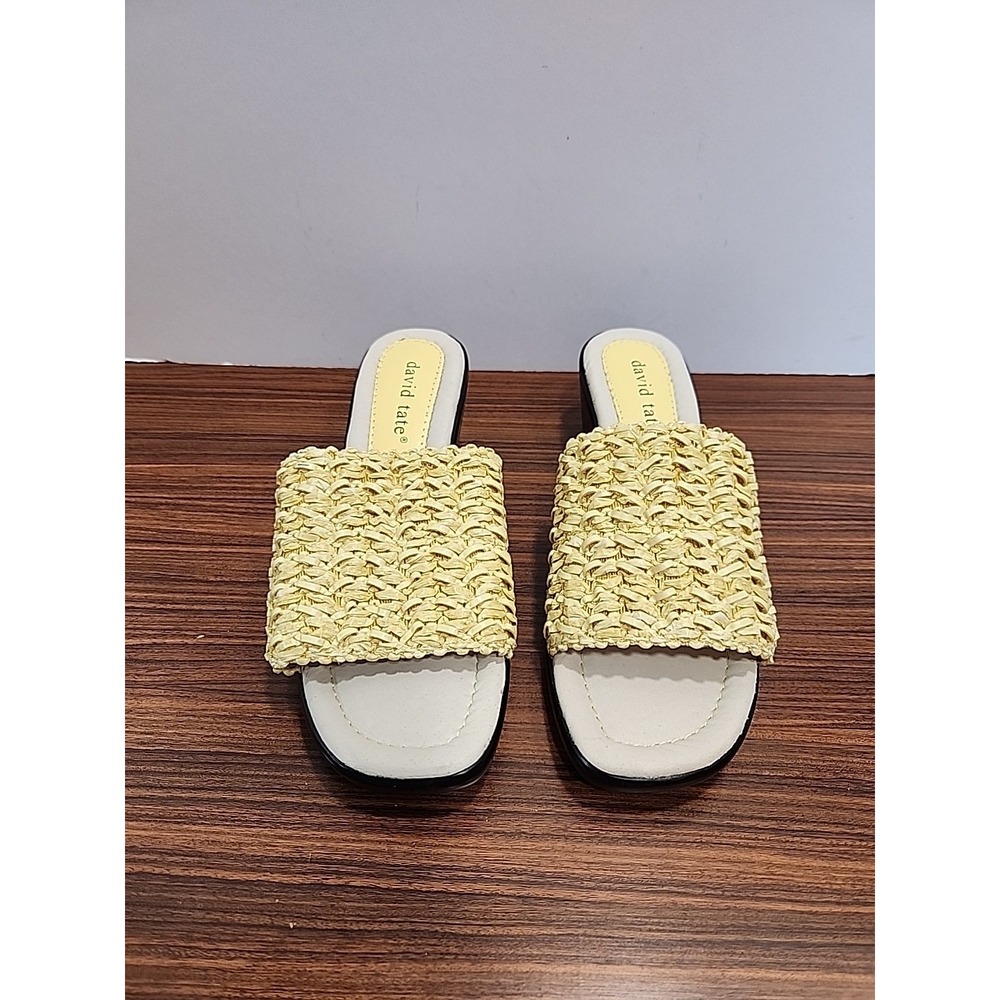 David Tate Womens Bando Sz 6 Yellow‎ Raffia Wedge Slide Sandals